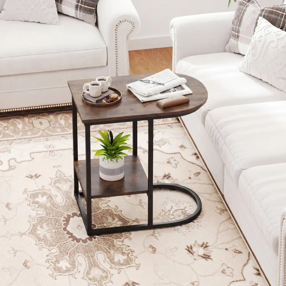 C-shaped Modern Sofa Side Table with Storage Shelf Faux and Marble Tabletop -Rustic Brown - Rustic Brown - End & Side
