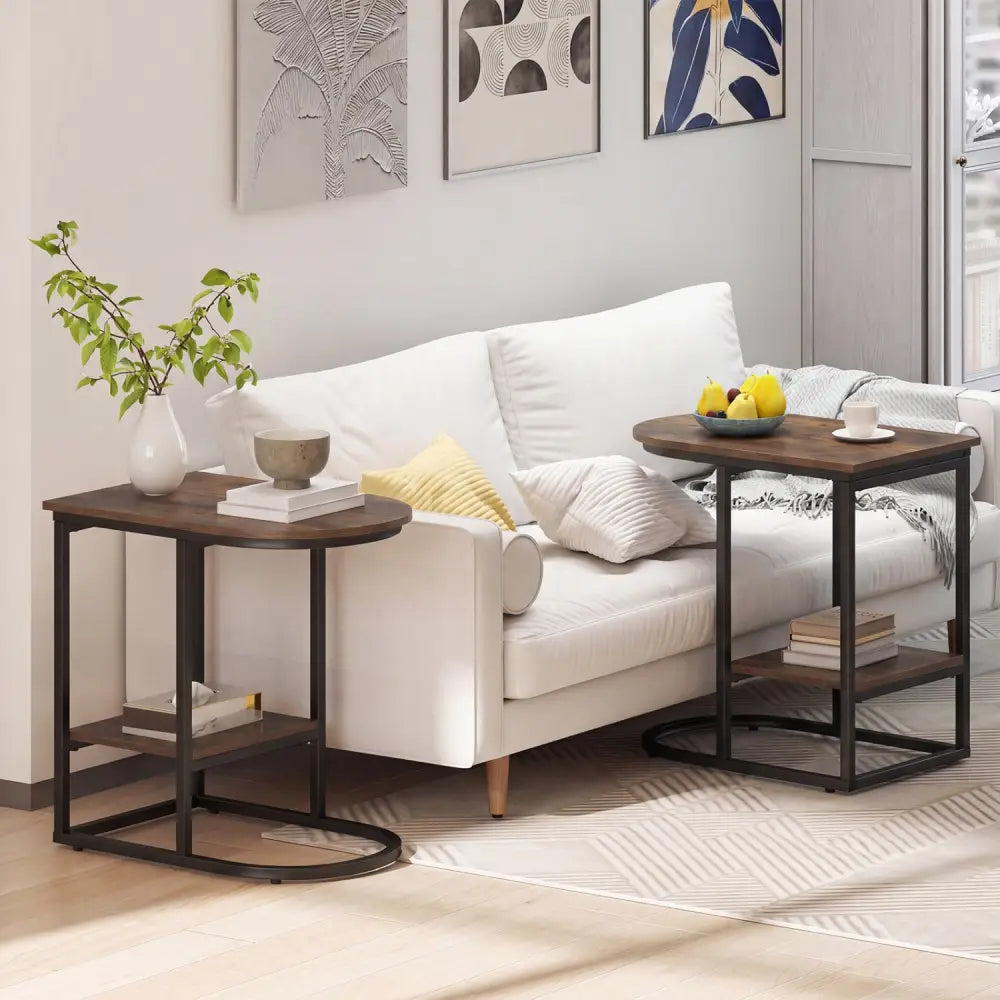 C-shaped Modern Sofa Side Table with Storage Shelf Faux and Marble Tabletop -Rustic Brown - Rustic Brown - End & Side