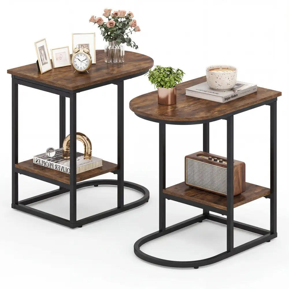 C-shaped Modern Sofa Side Table with Storage Shelf Faux and Marble Tabletop -Rustic Brown - Rustic Brown - End & Side