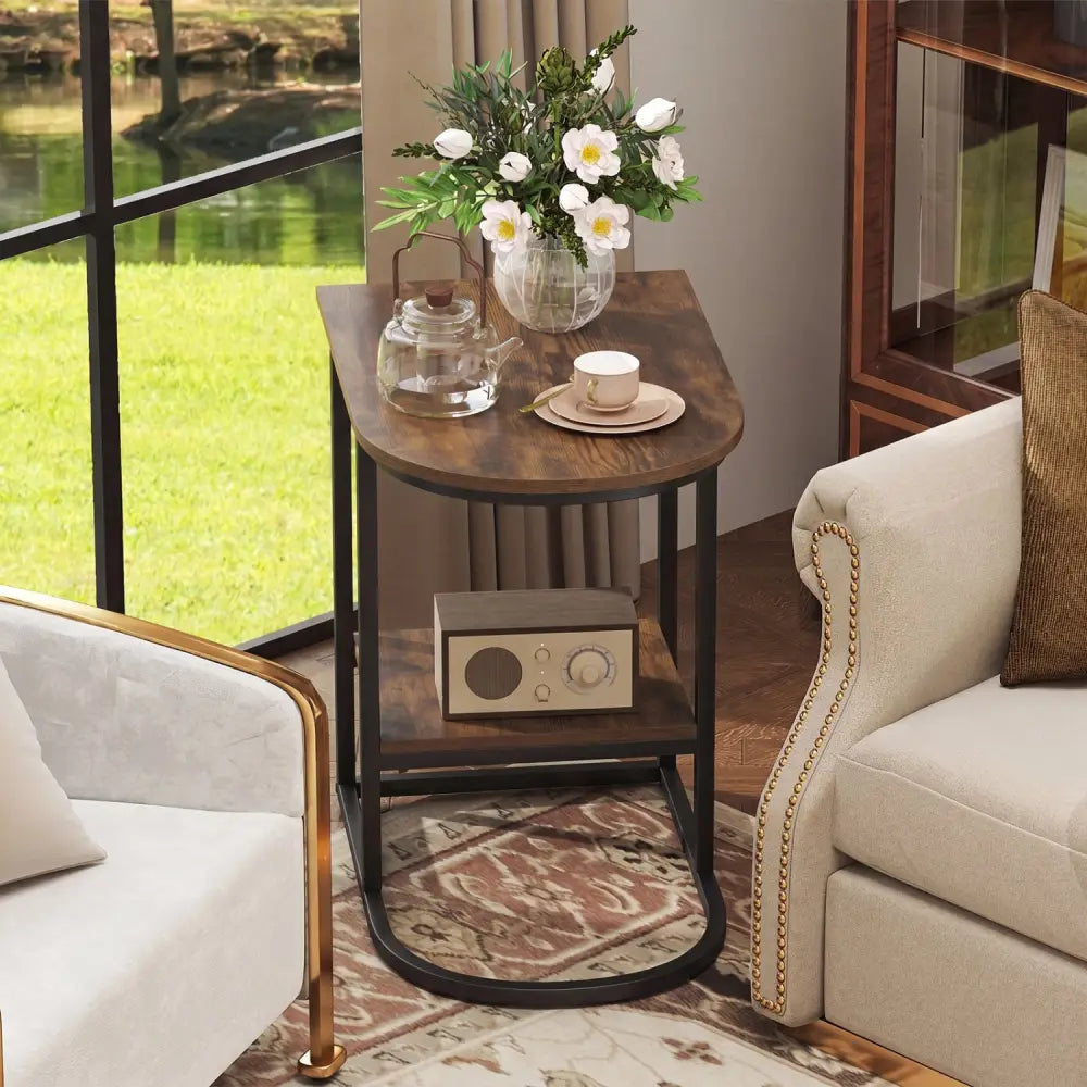 C-shaped Modern Sofa Side Table with Storage Shelf Faux and Marble Tabletop -Rustic Brown - Rustic Brown - End & Side