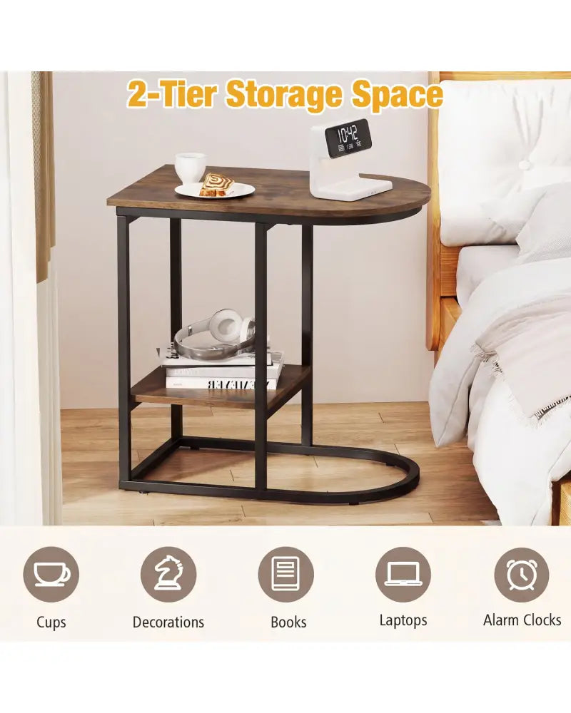 C-shaped Modern Sofa Side Table with Storage Shelf Faux and Marble Tabletop -Rustic Brown - Rustic Brown - End & Side
