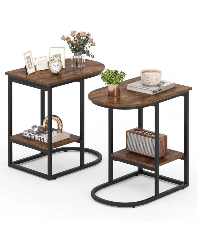 C-shaped Modern Sofa Side Table with Storage Shelf Faux and Marble Tabletop -Rustic Brown - Rustic Brown - End & Side