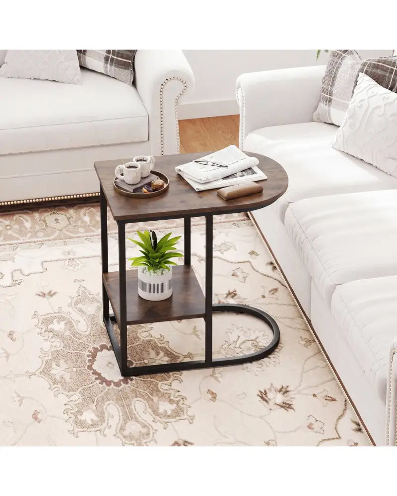 C-shaped Modern Sofa Side Table with Storage Shelf Faux and Marble Tabletop -Rustic Brown - Rustic Brown - End & Side