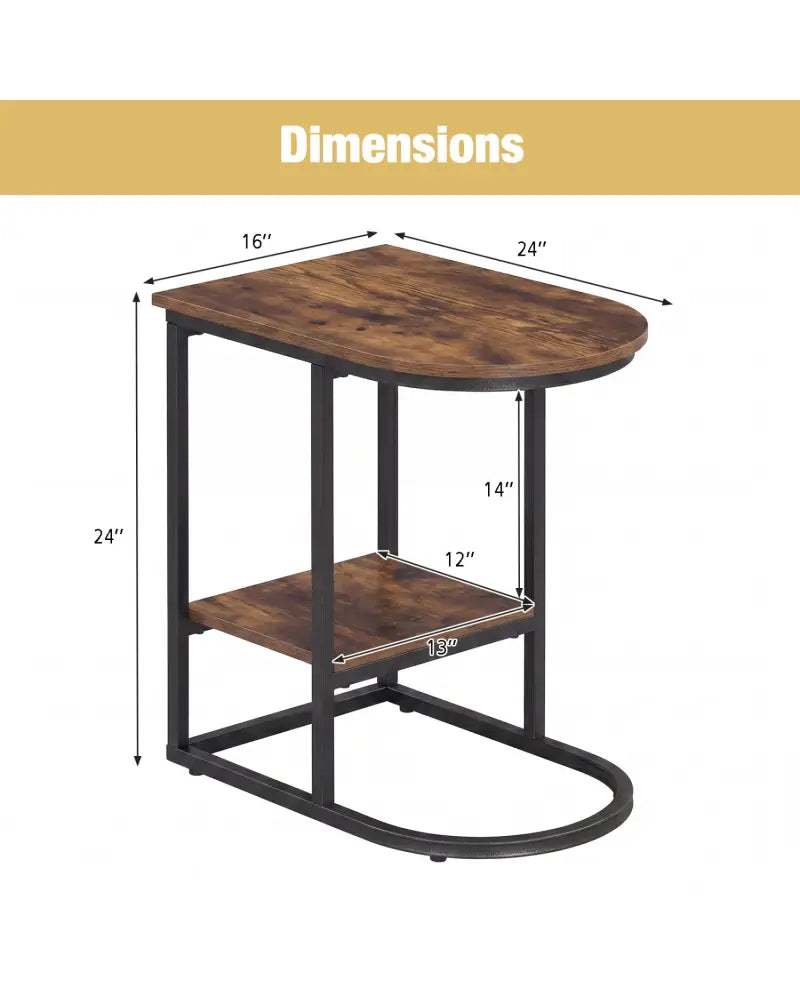 C-shaped Modern Sofa Side Table with Storage Shelf Faux and Marble Tabletop -Rustic Brown - Rustic Brown - End & Side