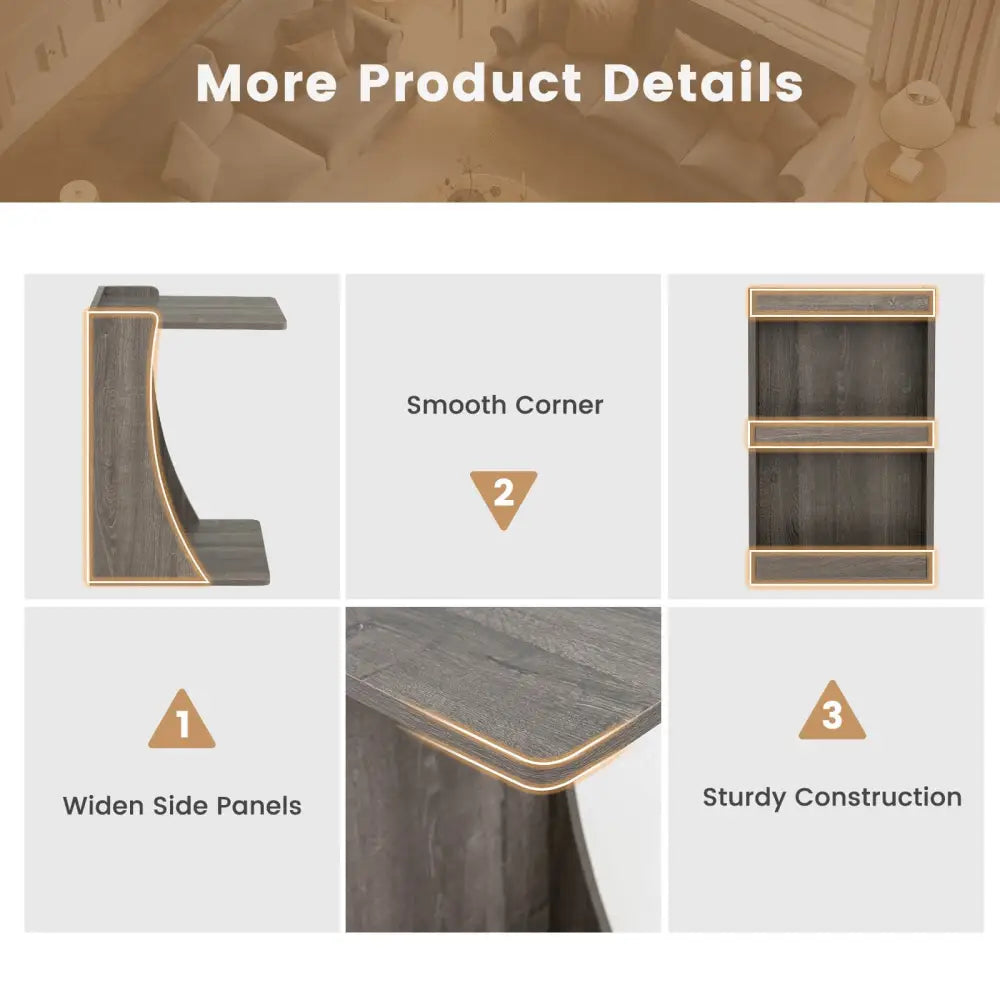 C-shaped Rolling End Side with Back Storage Shelves beside Sofa-Gray - Gray - End & Side Tables