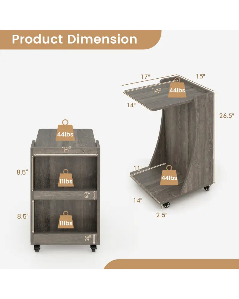 C-shaped Rolling End Side with Back Storage Shelves beside Sofa-Gray - Gray - End & Side Tables