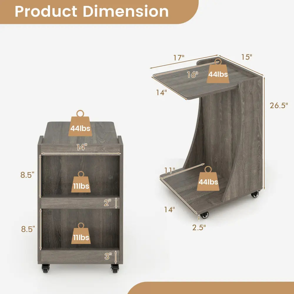 C-shaped Rolling End Side with Back Storage Shelves beside Sofa-Gray - Gray - End & Side Tables