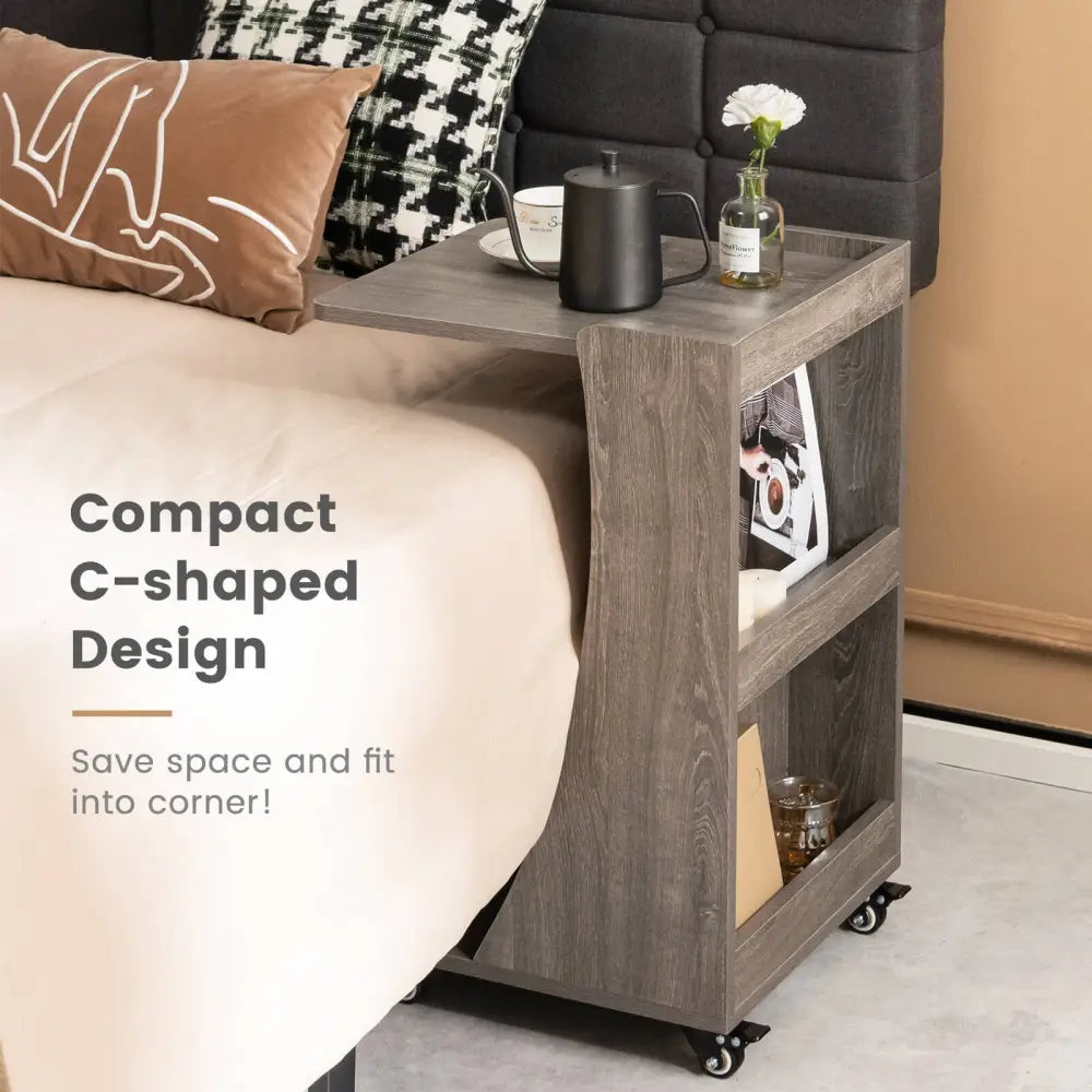 C-shaped Rolling End Side with Back Storage Shelves beside Sofa-Gray - Gray - End & Side Tables