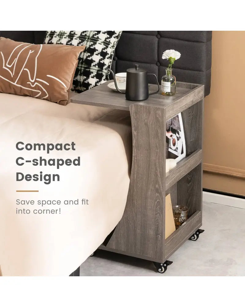 C-shaped Rolling End Side with Back Storage Shelves beside Sofa-Gray - Gray - End & Side Tables
