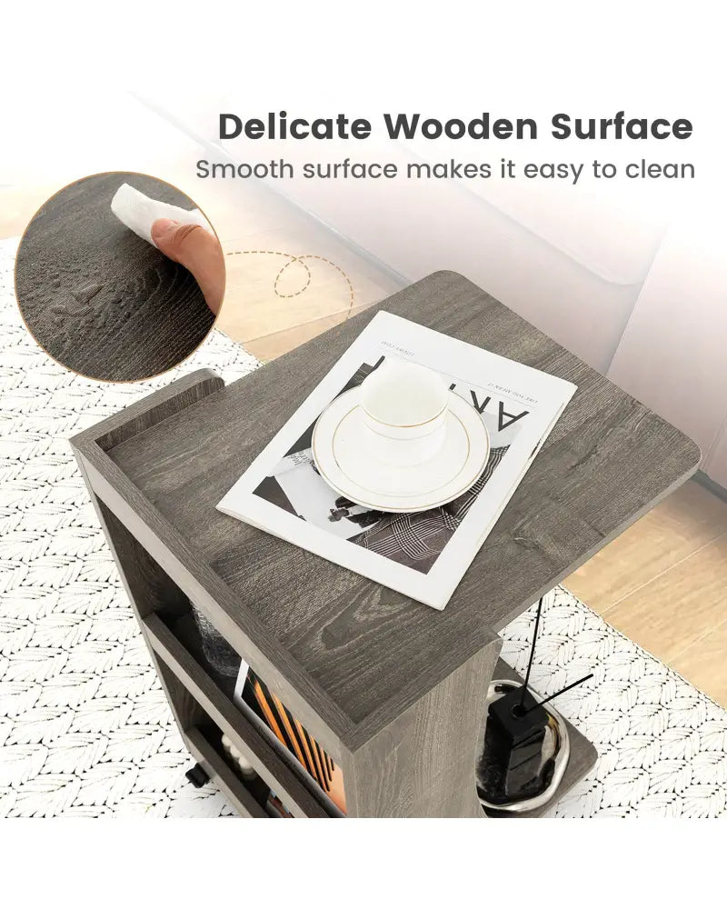 C-shaped Rolling End Side with Back Storage Shelves beside Sofa-Gray - Gray - End & Side Tables