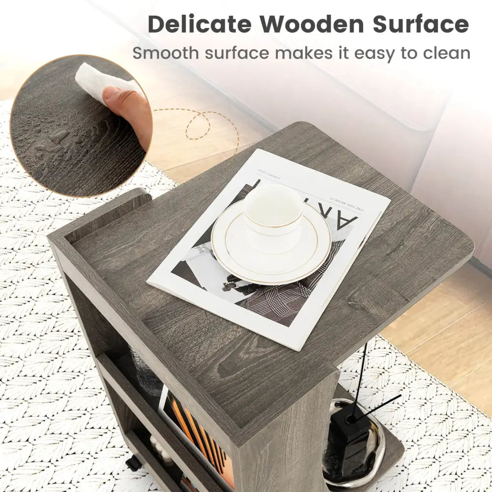 C-shaped Rolling End Side with Back Storage Shelves beside Sofa-Gray - Gray - End & Side Tables