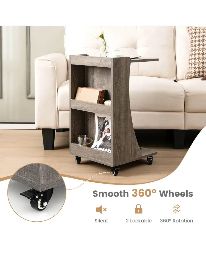C-shaped Rolling End Side with Back Storage Shelves beside Sofa-Gray - Gray - End & Side Tables