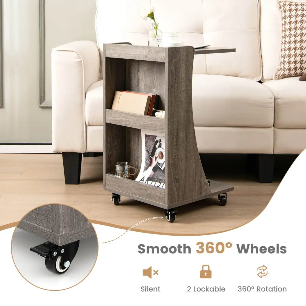 C-shaped Rolling End Side with Back Storage Shelves beside Sofa-Gray - Gray - End & Side Tables