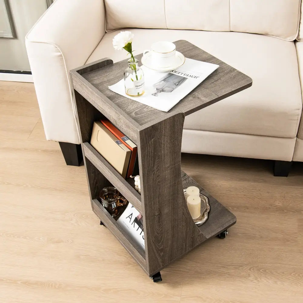 C-shaped Rolling End Side with Back Storage Shelves beside Sofa-Gray - Gray - End & Side Tables