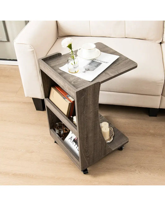 C-shaped Rolling End Side with Back Storage Shelves beside Sofa-Gray - Gray - End & Side Tables