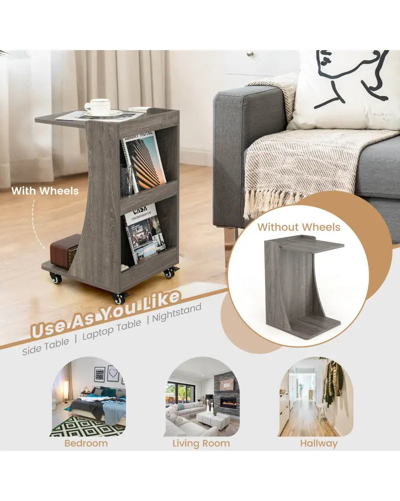 C-shaped Rolling End Side with Back Storage Shelves beside Sofa-Gray - Gray - End & Side Tables
