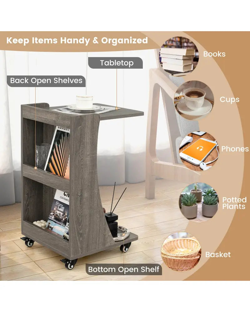 C-shaped Rolling End Side with Back Storage Shelves beside Sofa-Gray - Gray - End & Side Tables