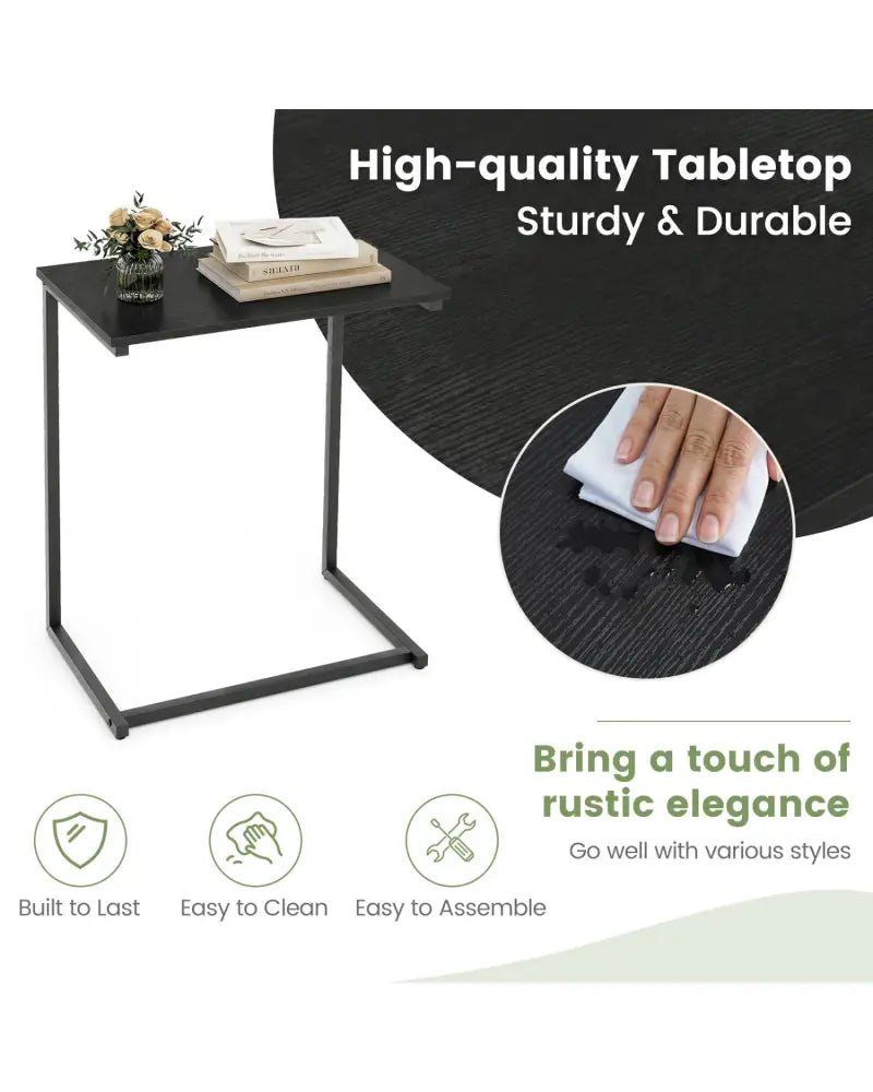 C-Shaped Side Table Sofa Snack End Table with Metal Frame-Black - Black - End & Side Tables