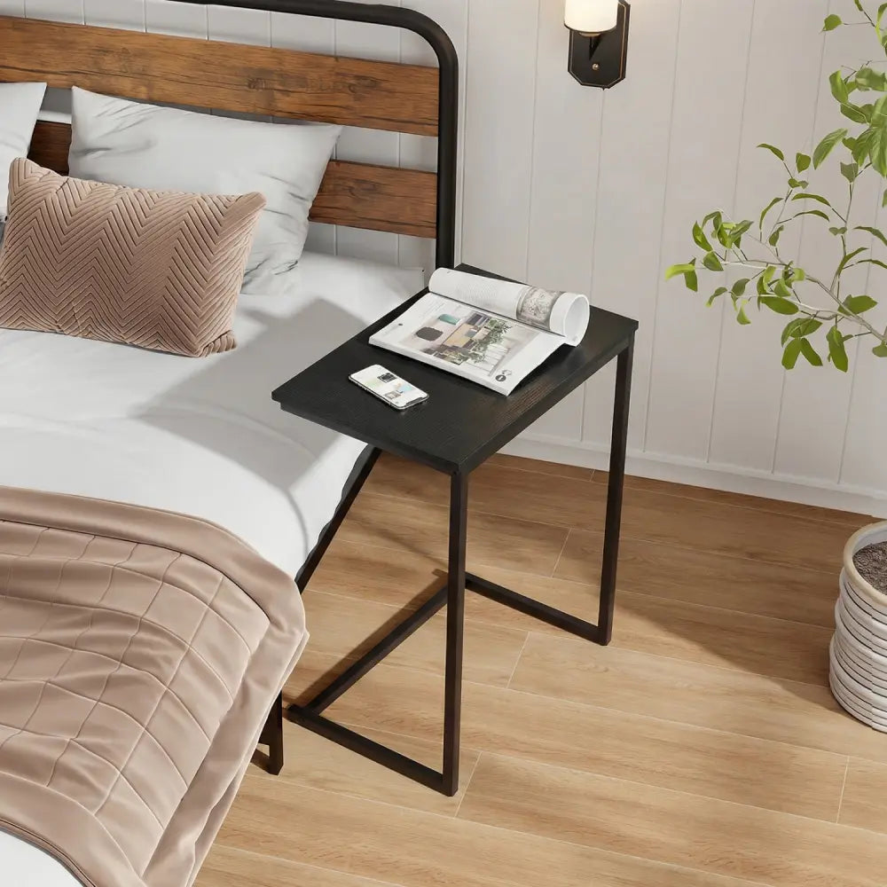 C-Shaped Side Table Sofa Snack End Table with Metal Frame-Black - Black - End & Side Tables