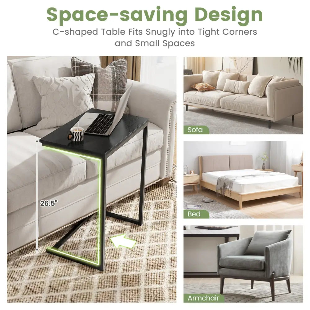 C-Shaped Side Table Sofa Snack End Table with Metal Frame-Black - Black - End & Side Tables
