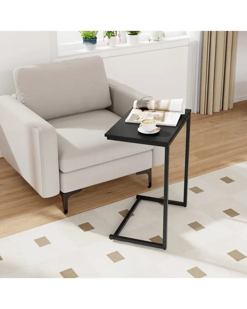C-Shaped Side Table Sofa Snack End Table with Metal Frame-Black - Black - End & Side Tables