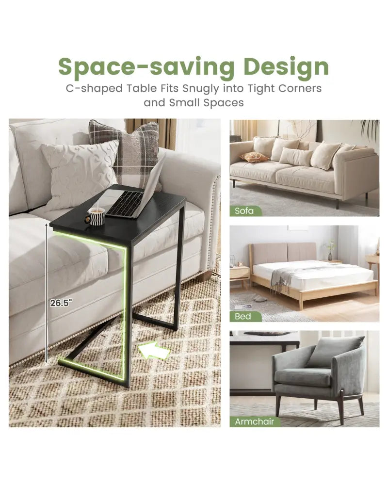 C-Shaped Side Table Sofa Snack End Table with Metal Frame-Black - Black - End & Side Tables