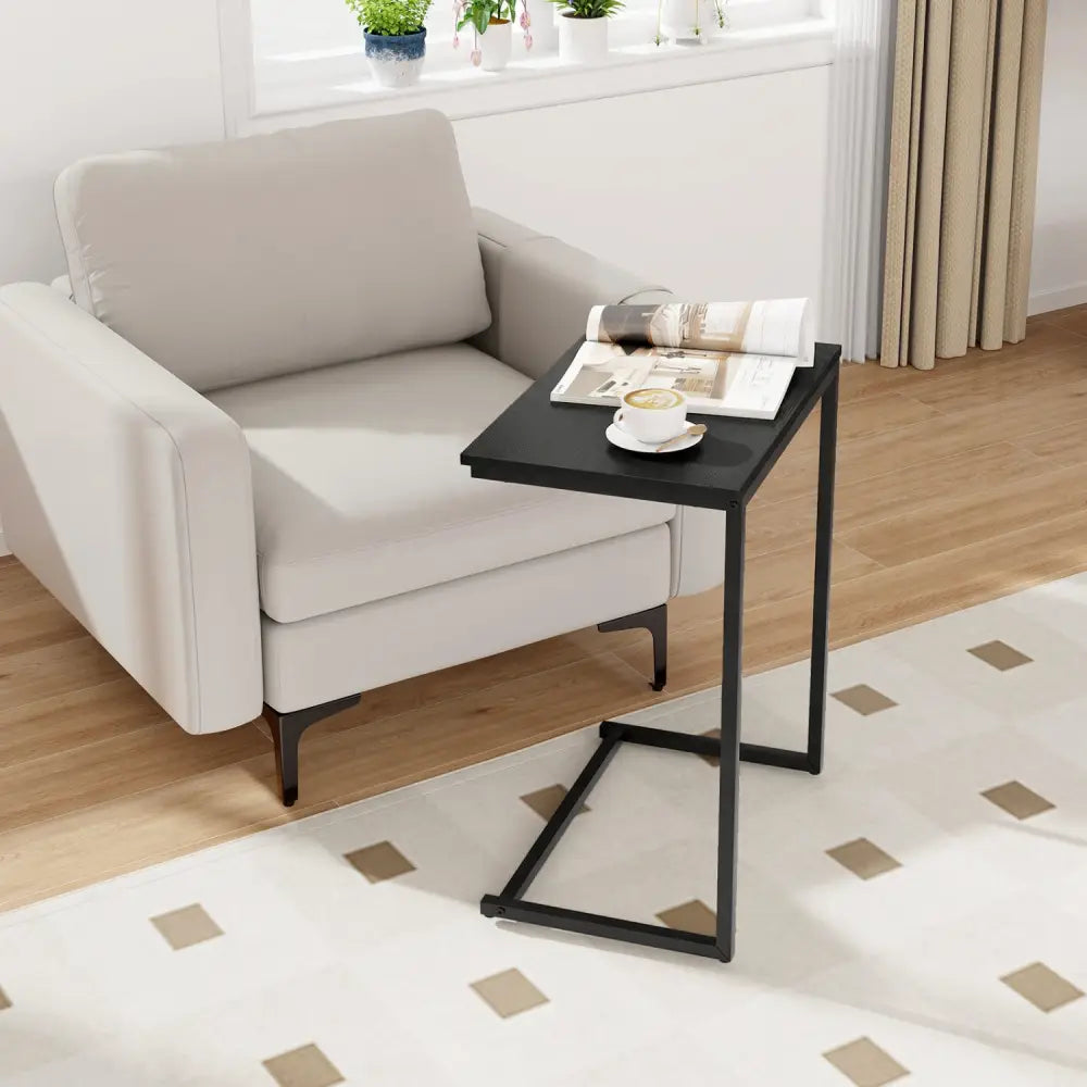 C-Shaped Side Table Sofa Snack End Table with Metal Frame-Black - Black - End & Side Tables