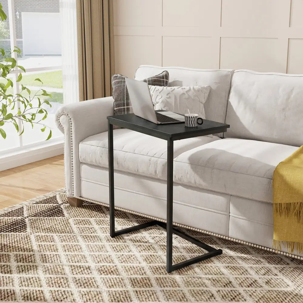 C-Shaped Side Table Sofa Snack End Table with Metal Frame-Black - Black - End & Side Tables