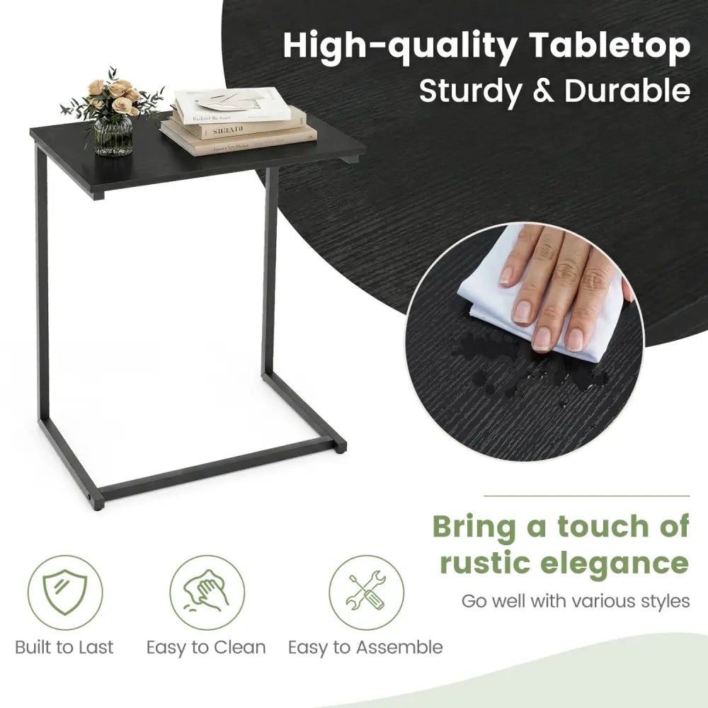 C-Shaped Side Table Sofa Snack End Table with Metal Frame-Black - Black - End & Side Tables