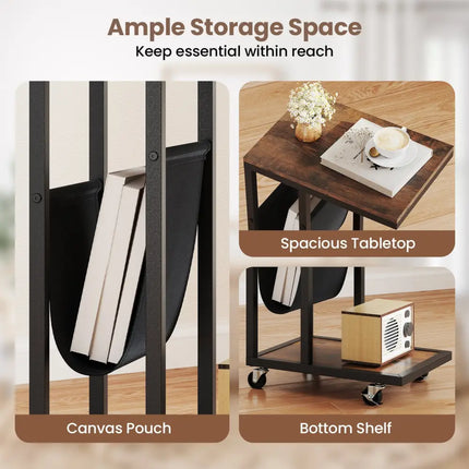 C-shaped Side Table with Canvas Storage Pouch and Metal Frame-Borwn - Brown - End & Side Tables