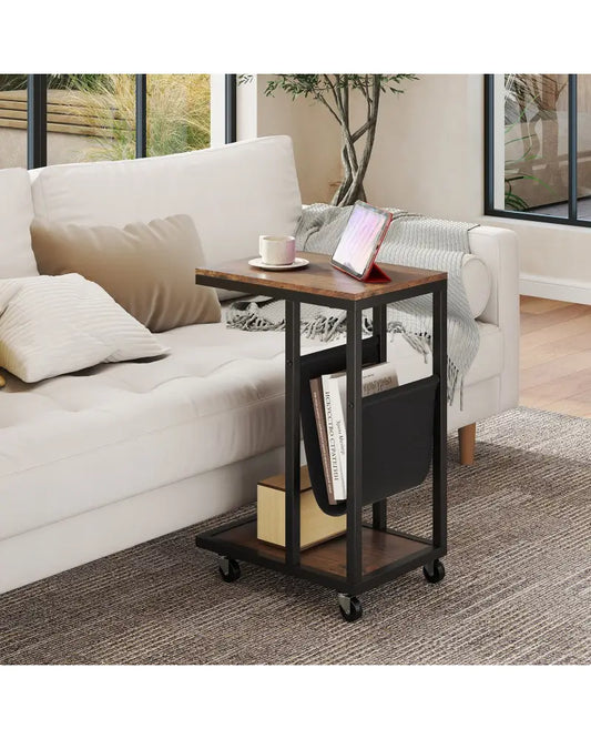 C-shaped Side Table with Canvas Storage Pouch and Metal Frame-Borwn - Brown - End & Side Tables