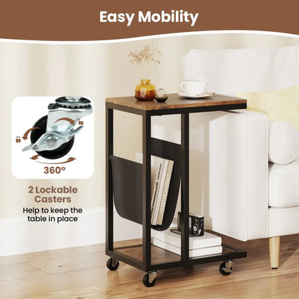 C-shaped Side Table with Canvas Storage Pouch and Metal Frame-Borwn - Brown - End & Side Tables