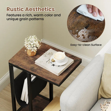 C-shaped Side Table with Canvas Storage Pouch and Metal Frame-Borwn - Brown - End & Side Tables