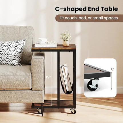 C-shaped Side Table with Canvas Storage Pouch and Metal Frame-Borwn - Brown - End & Side Tables