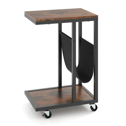 C-shaped Side Table with Canvas Storage Pouch and Metal Frame-Borwn - Brown - End & Side Tables