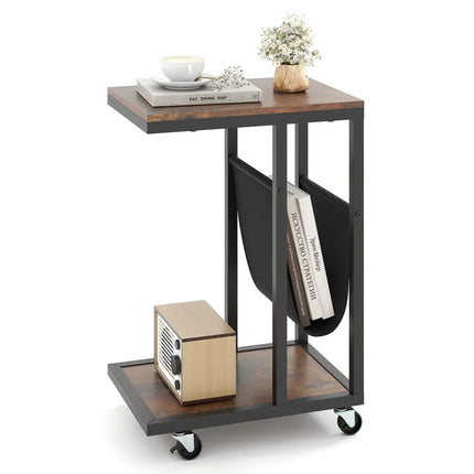 C-shaped Side Table with Canvas Storage Pouch and Metal Frame-Borwn - Brown - End & Side Tables