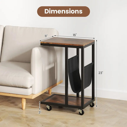 C-shaped Side Table with Canvas Storage Pouch and Metal Frame-Borwn - Brown - End & Side Tables