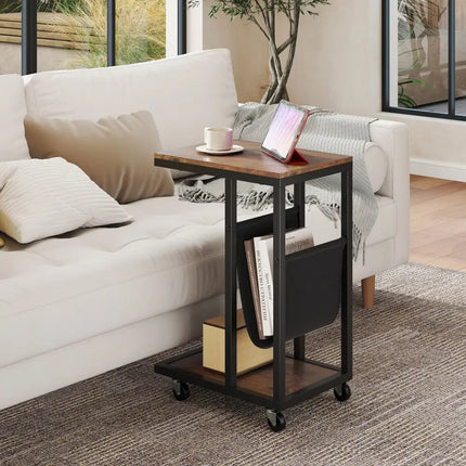 C-shaped Side Table with Canvas Storage Pouch and Metal Frame-Borwn - Brown - End & Side Tables