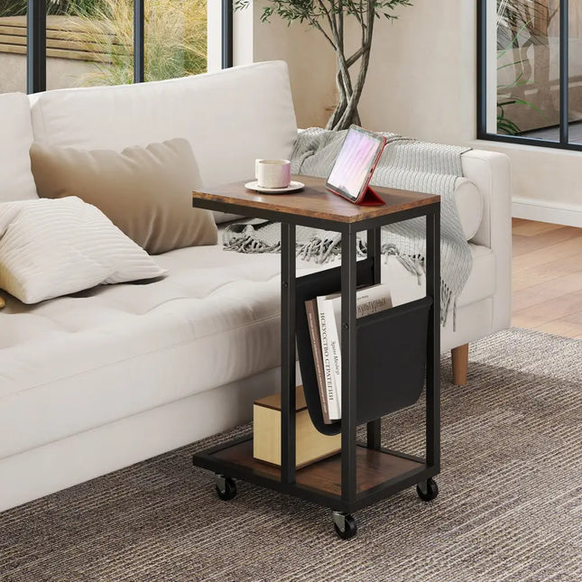 C-shaped Side Table with Canvas Storage Pouch and Metal Frame-Borwn - Brown - End & Side Tables