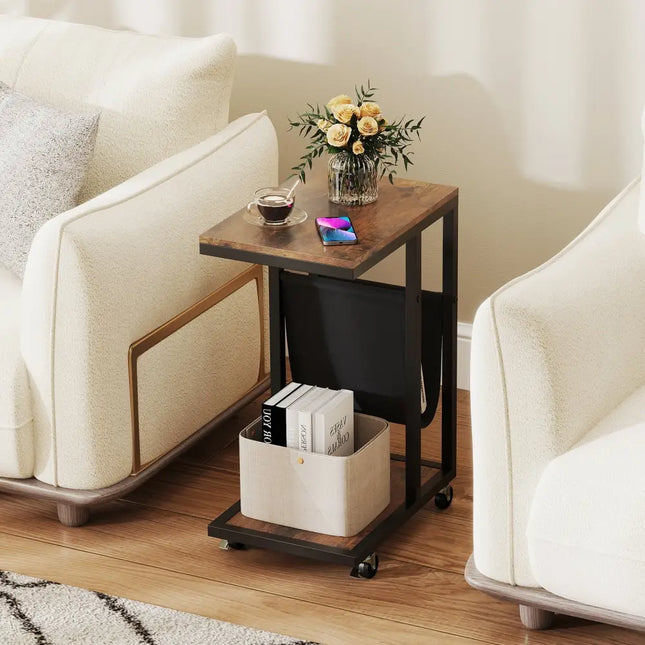 C-shaped Side Table with Canvas Storage Pouch and Metal Frame-Borwn - Brown - End & Side Tables