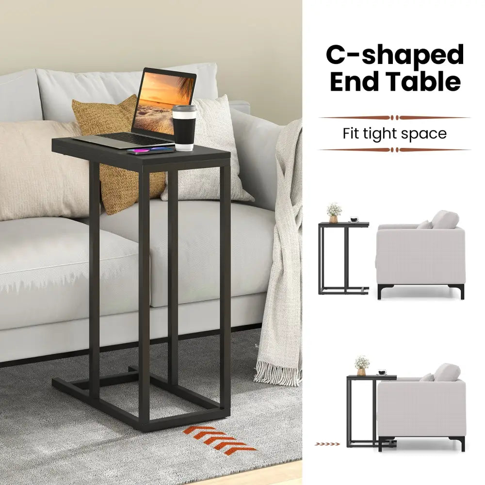 C-shaped Side Table with Heavy-duty Metal Frame-Black - Black - End & Side Tables