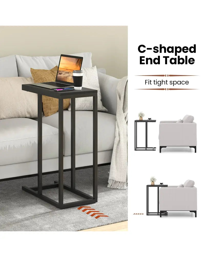 C-shaped Side Table with Heavy-duty Metal Frame-Black - Black - End & Side Tables