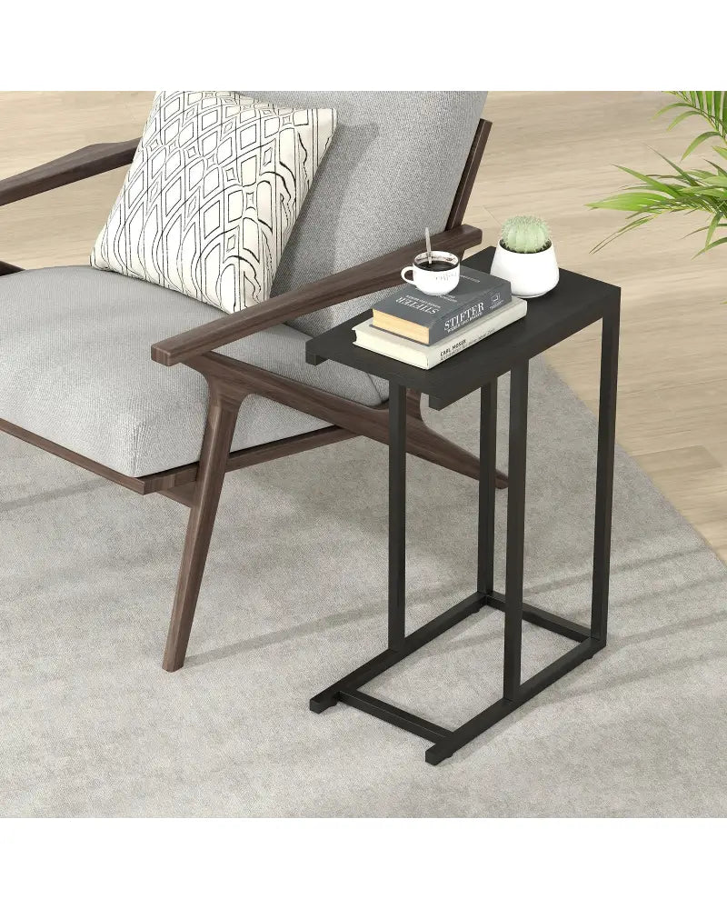 C-shaped Side Table with Heavy-duty Metal Frame-Black - Black - End & Side Tables