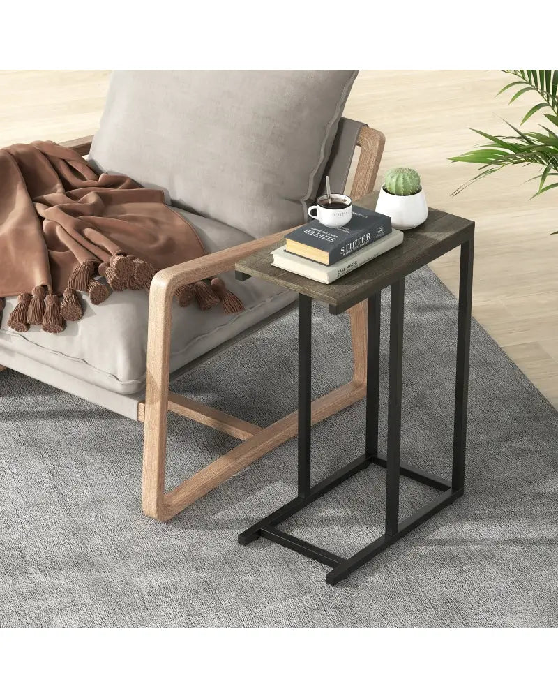 C-shaped Side Table with Heavy-duty Metal Frame-Oak - Oak - End & Side Tables