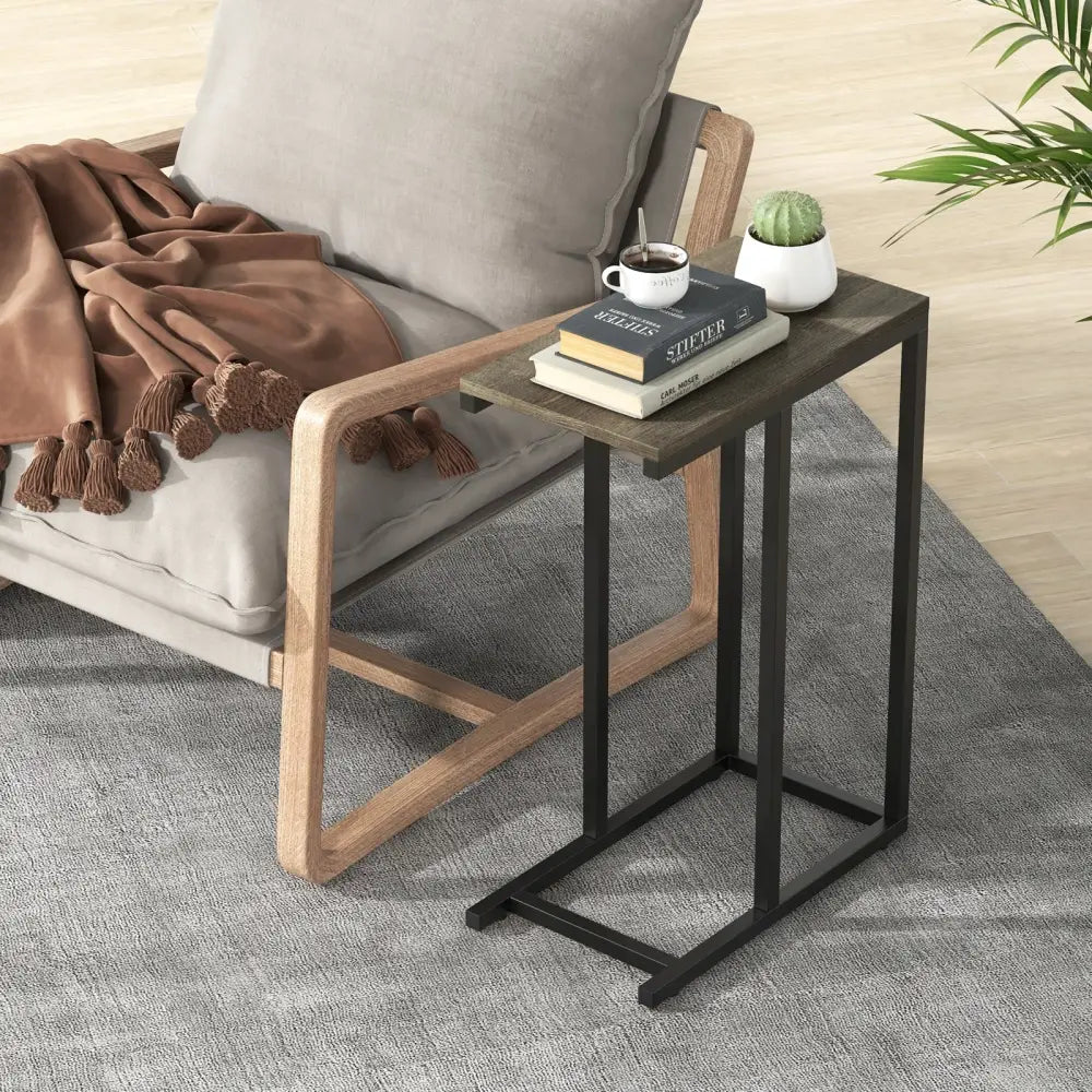 C-shaped Side Table with Heavy-duty Metal Frame-Oak - Oak - End & Side Tables