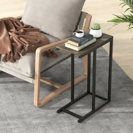 C-shaped Side Table with Heavy-duty Metal Frame-Oak - Oak - End & Side Tables