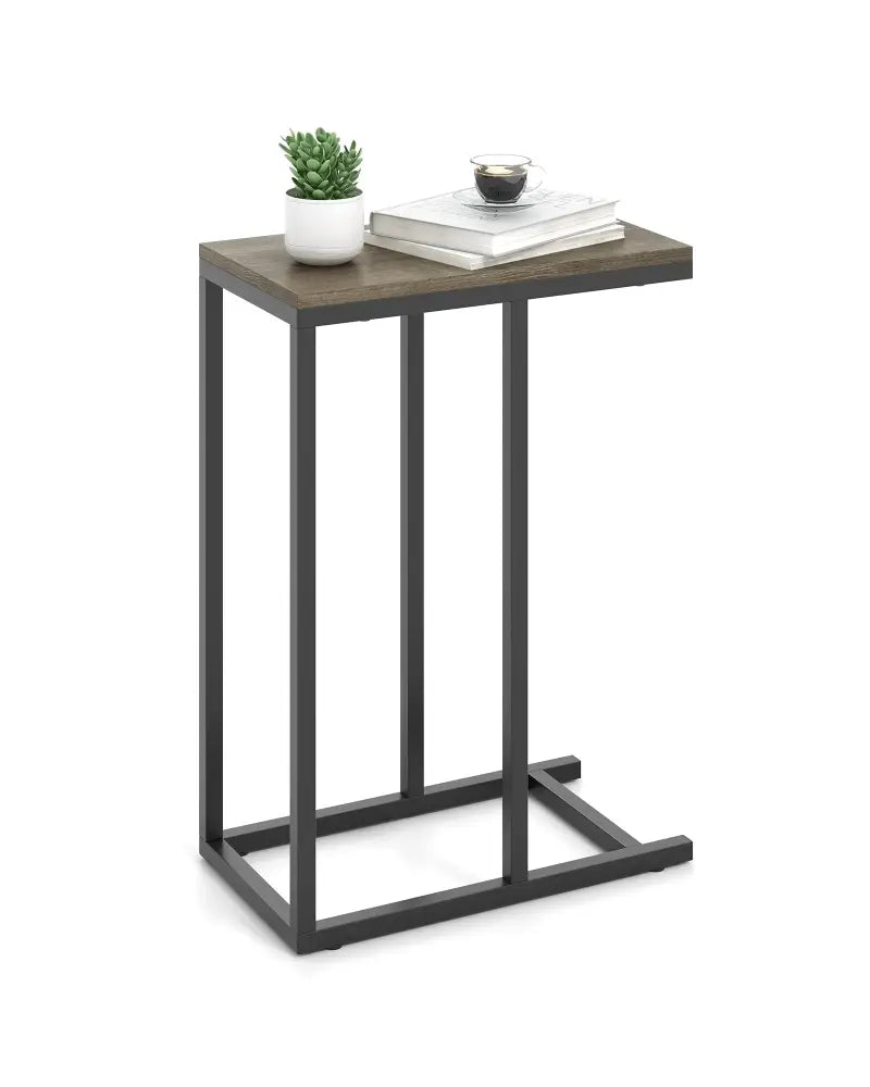 C-shaped Side Table with Heavy-duty Metal Frame-Oak - Oak - End & Side Tables