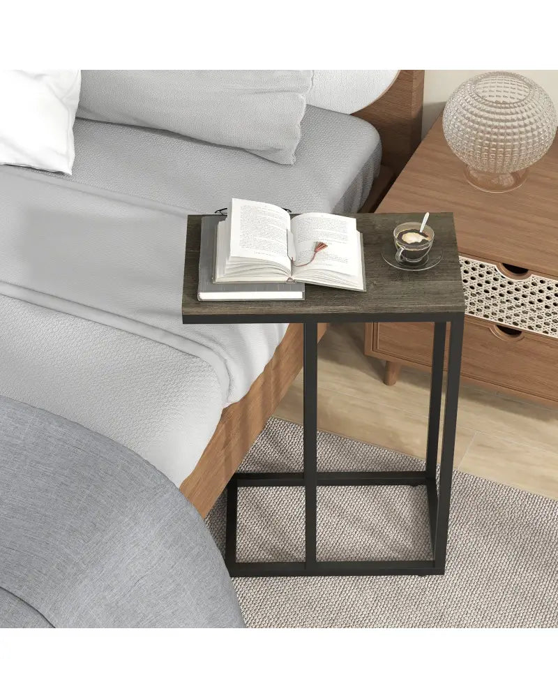 C-shaped Side Table with Heavy-duty Metal Frame-Oak - Oak - End & Side Tables