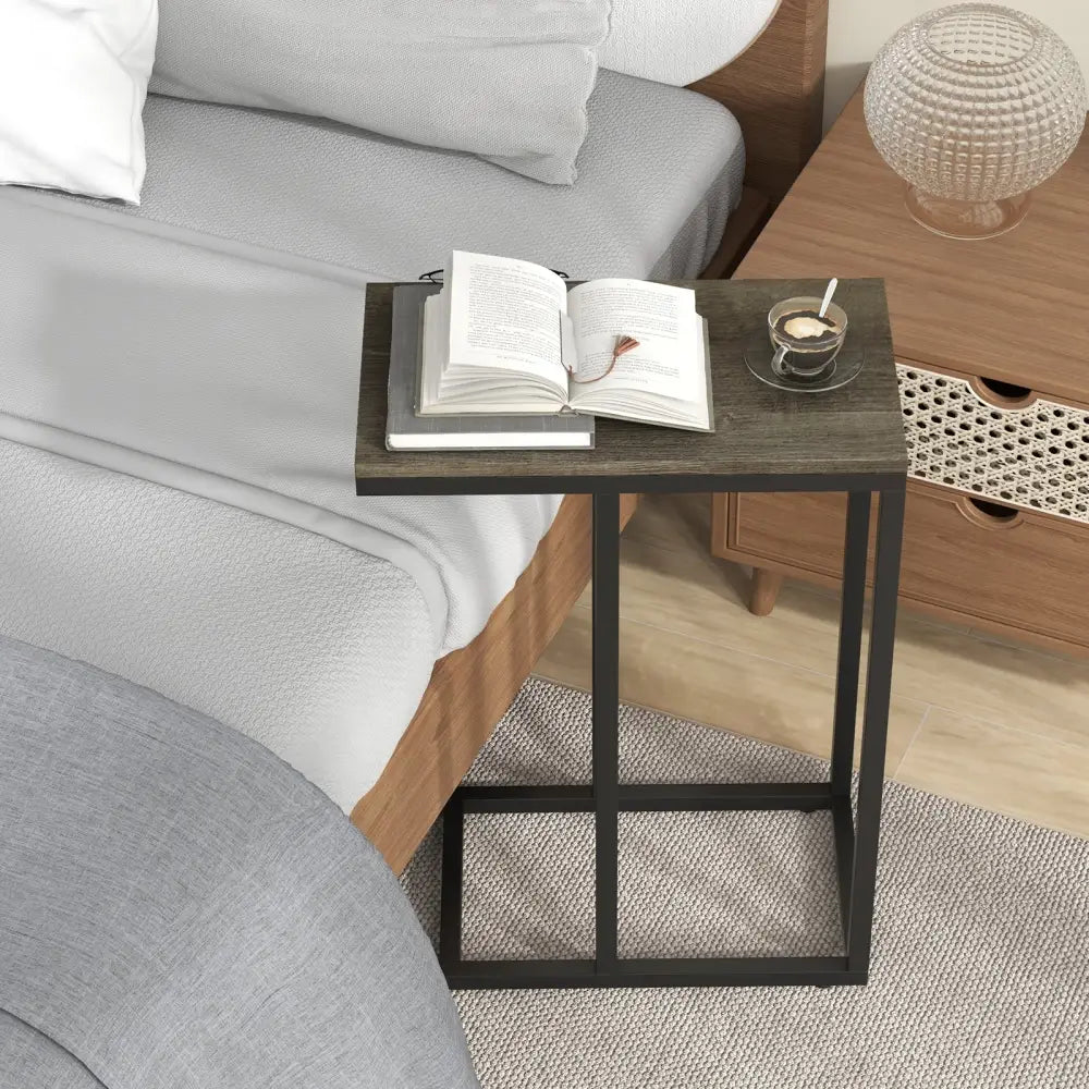 C-shaped Side Table with Heavy-duty Metal Frame-Oak - Oak - End & Side Tables