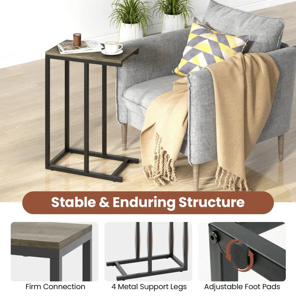 C-shaped Side Table with Heavy-duty Metal Frame-Oak - Oak - End & Side Tables